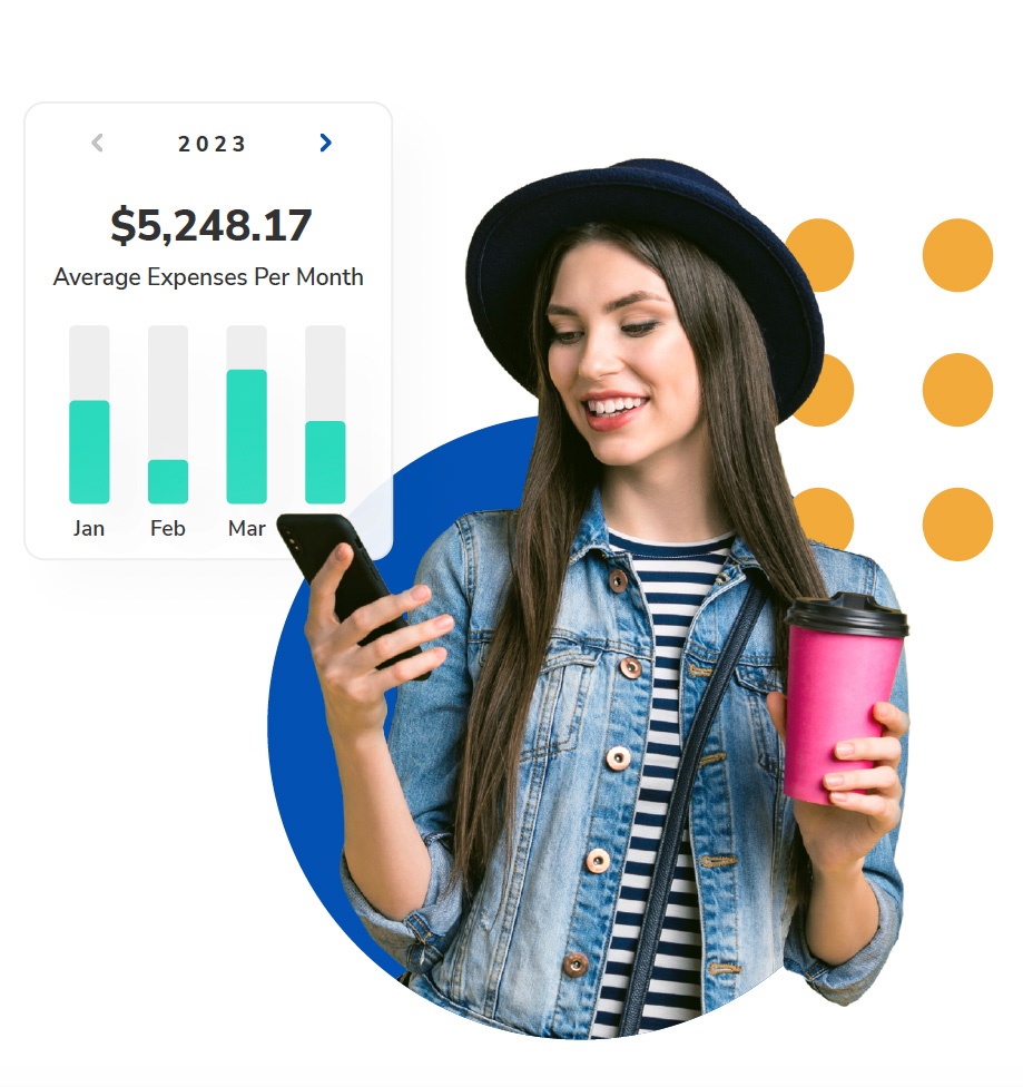 Digital banking solutions are, by nature, primed for a Gen Z audience. Image features a smiling young woman looking at her phone, featuring expenses per month data.