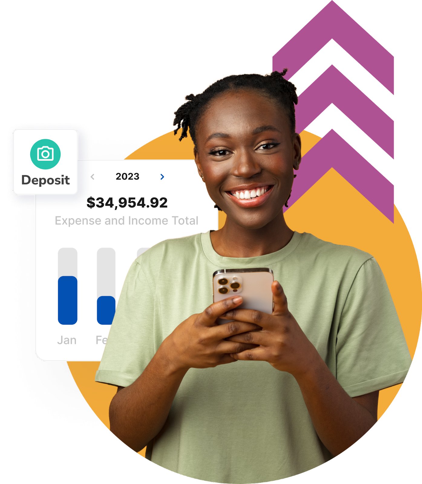 Digital banking solutions can be super powered by fintech integrations, which appeal to a Gen Z account holder audience. Image features a smiling young woman looking at her phone, featuring income and expenses per month data.