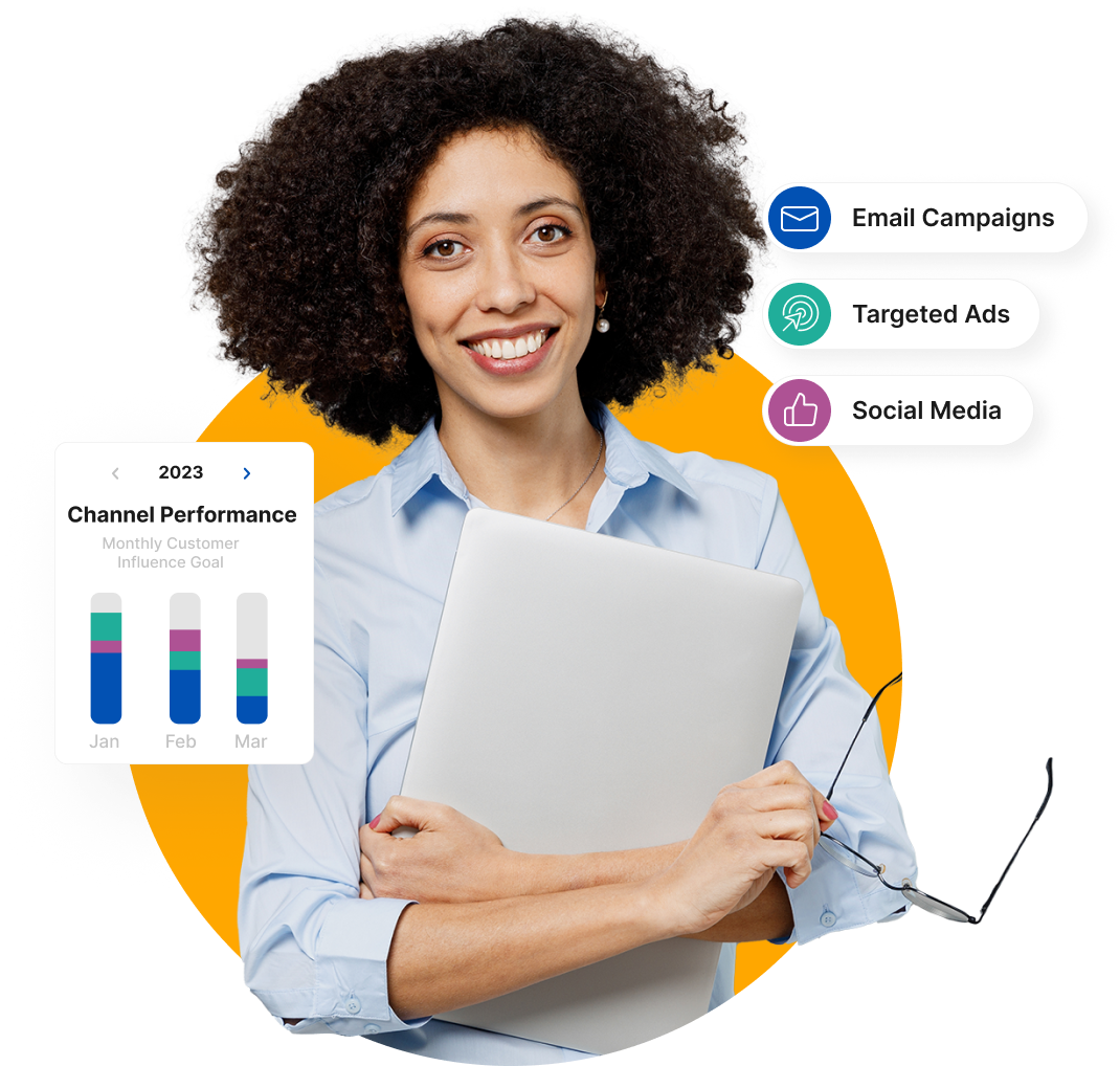 Digital-Forward segment image. Business woman with laptop. Using data and targeted marketing campaigns.