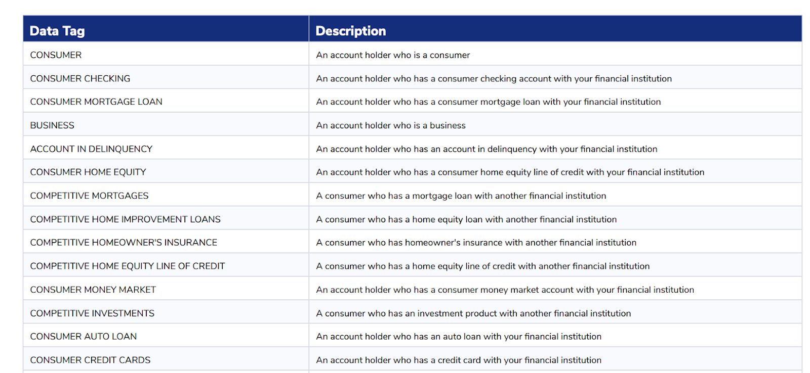 "A list of various data tags for account holders, including descriptions for each tag. Examples include 'Consumer Checking' and 'Consumer Mortgage Loan' for a financial institution’s checking account and mortgage holders. It also lists competitive tags like 'Competitive Mortgages' and 'Competitive Investments' for consumers with products at other financial institutions.