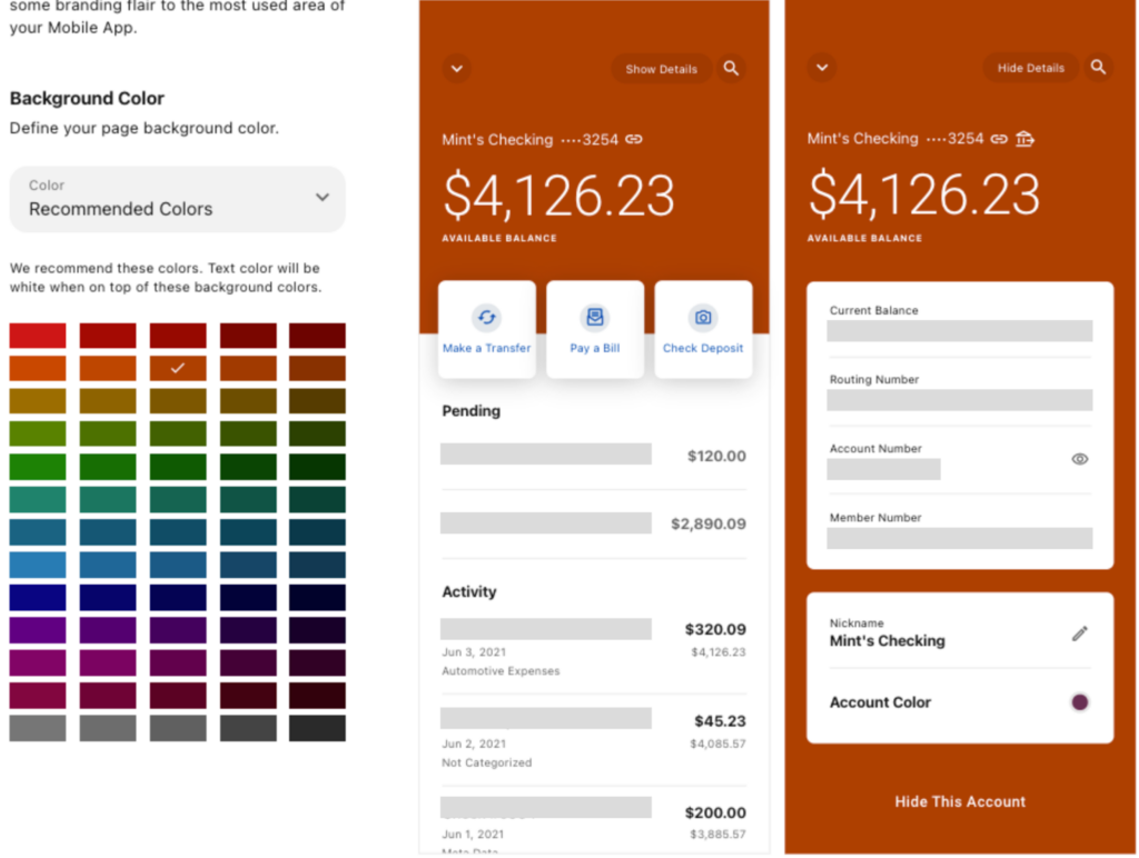 Personalized banking allows you to easily change your platform colors to match your brand identity