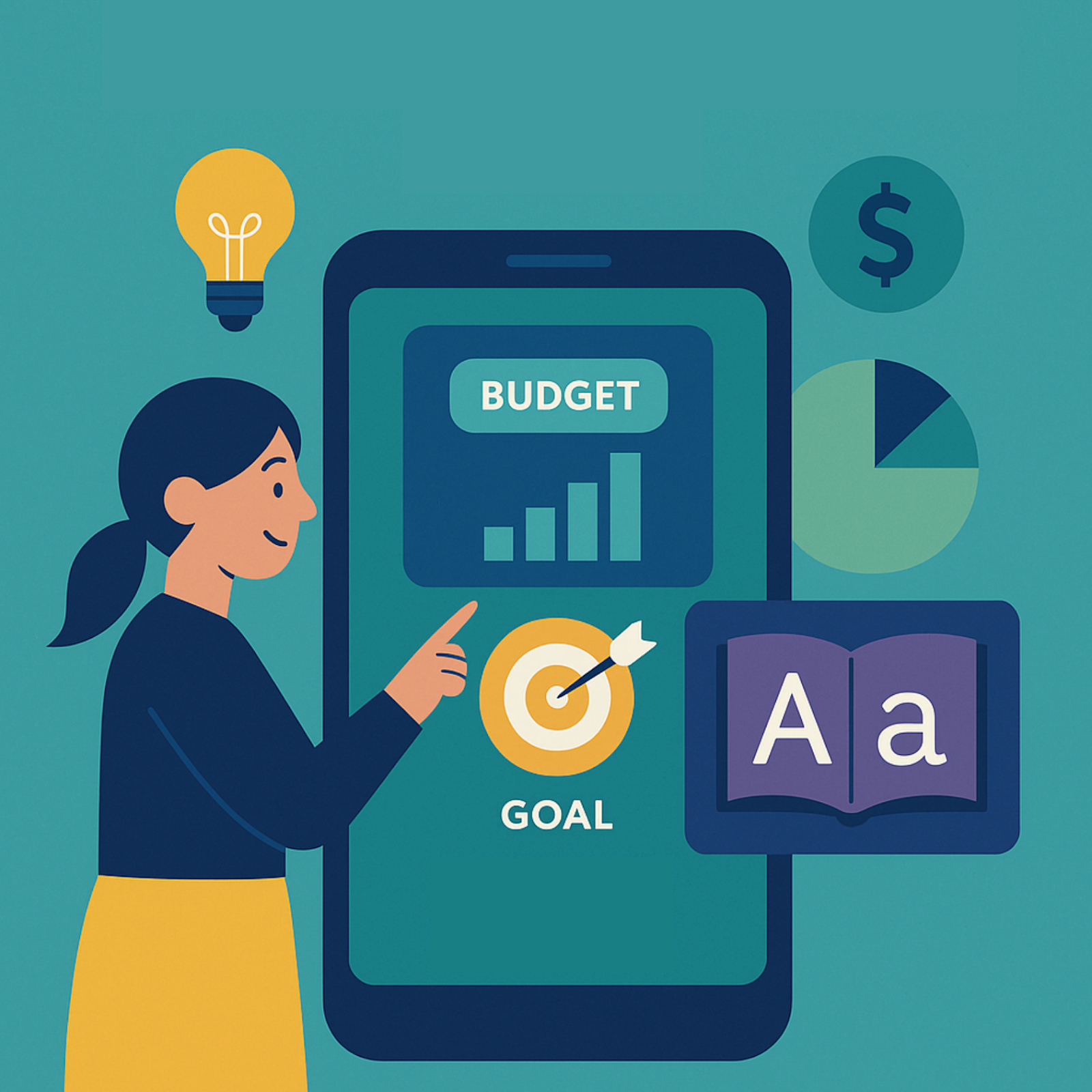 Illustration showing how banking APIs power financial wellness tools like budgeting, goal setting, and financial literacy apps.