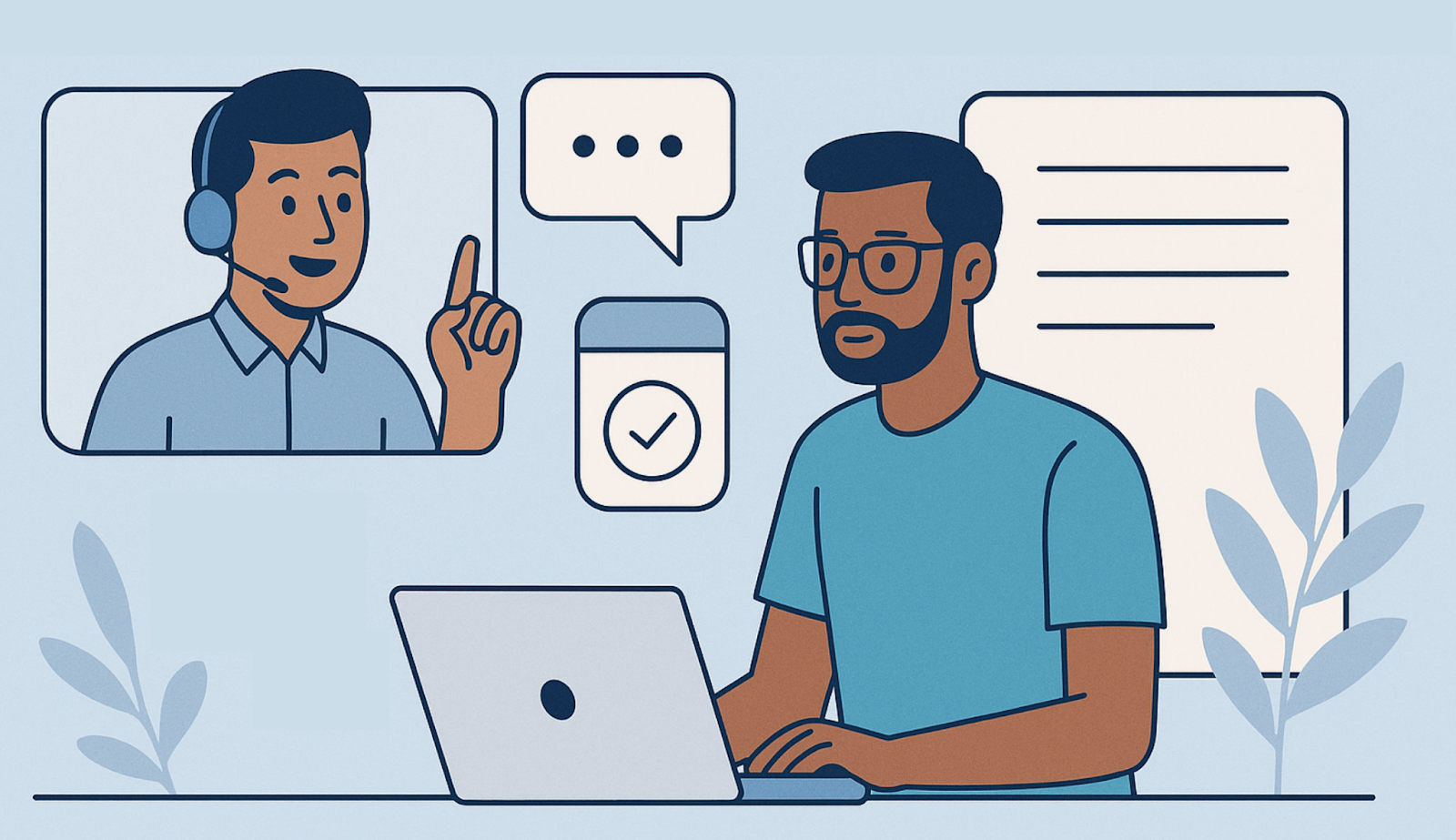 Illustration of a developer on a support call, showing how banking API providers offer guidance and support.