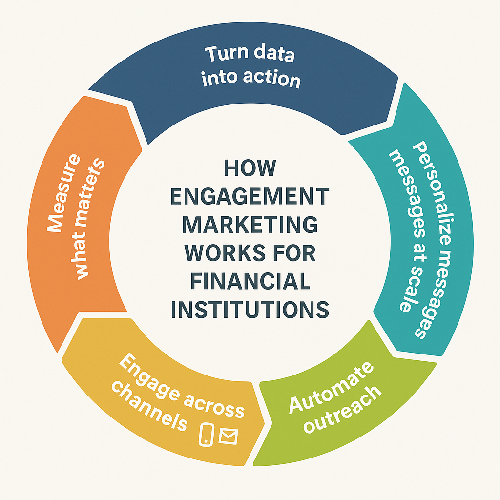 Diagram showing how engagement marketing works for financial institutions: Turn data into action; Personalize messages at scale; Automate outreach; Engage across channels; Measure what matters