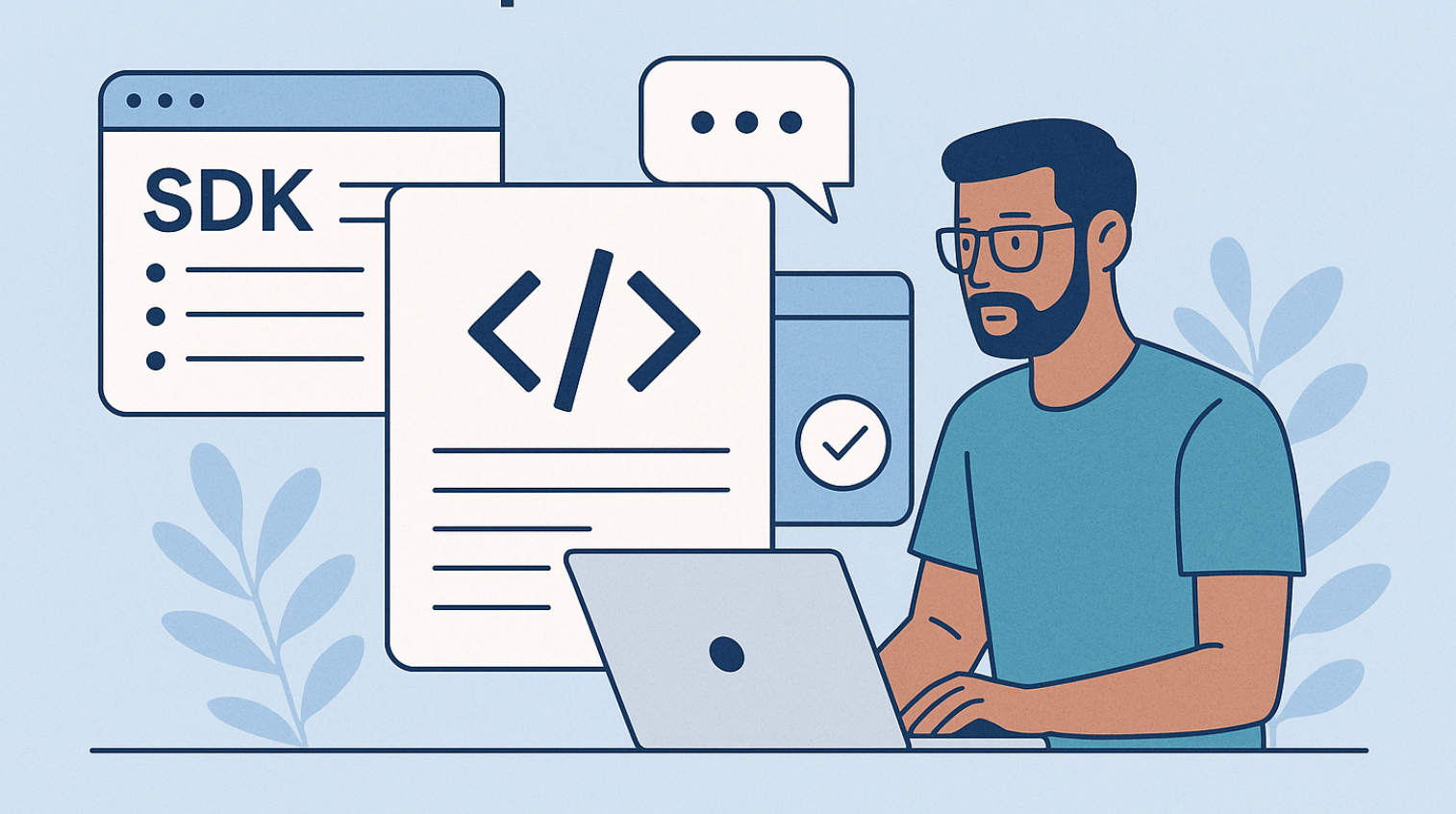 Illustration of a developer working on a laptop surrounded by tools like an SDK and documentation, representing how banking API providers support developer enablement.