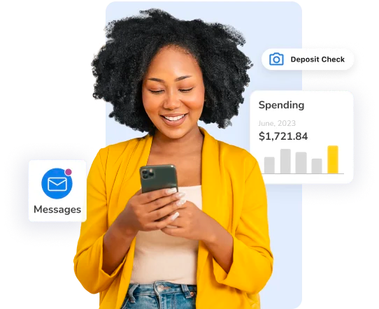 Real engagement happens when account holders feel understood and supported, right from their devices. Alt text: Smiling woman using a smartphone with personalized mobile banking features, including spending insights and deposit check options.