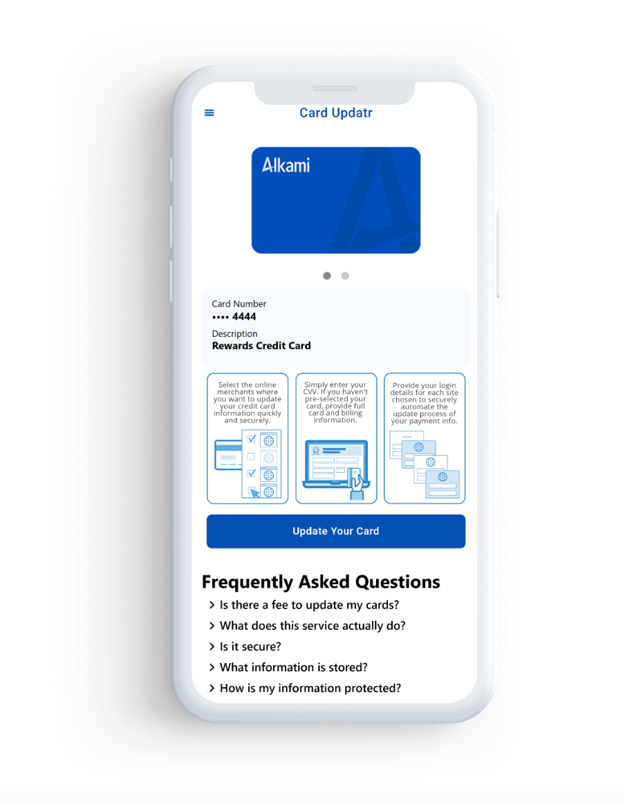 Example of the integrated Strivve CardUpdatr experience in mobile