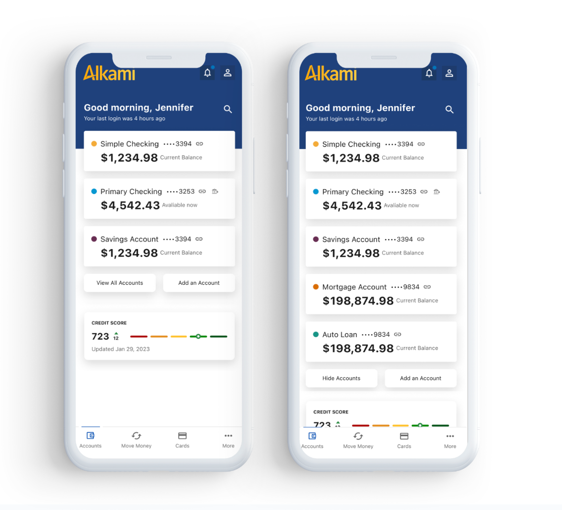 Examples of how all accounts are shown in mobile compared to how account holders can toggle a collapsed view. 