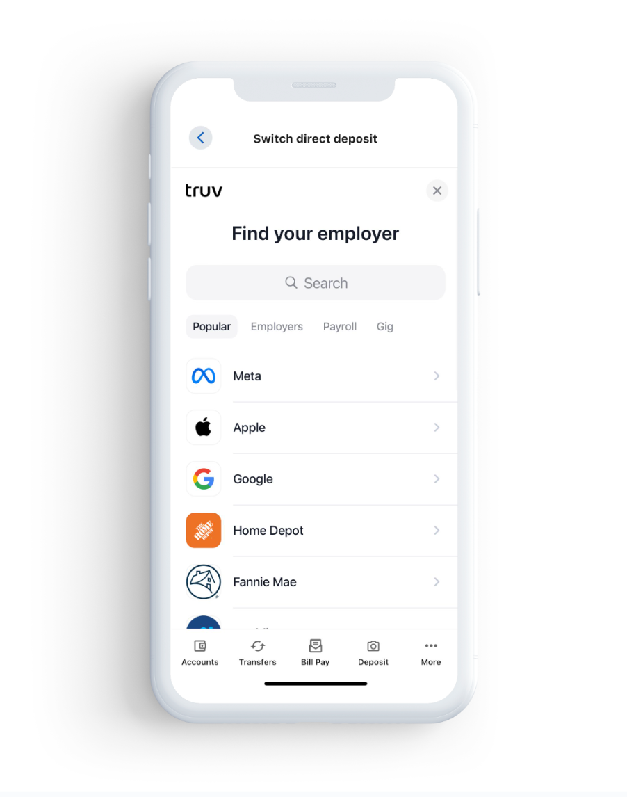 Above is an example of the beginning of the experience using Truv in the mobile banking app to link your direct deposit.