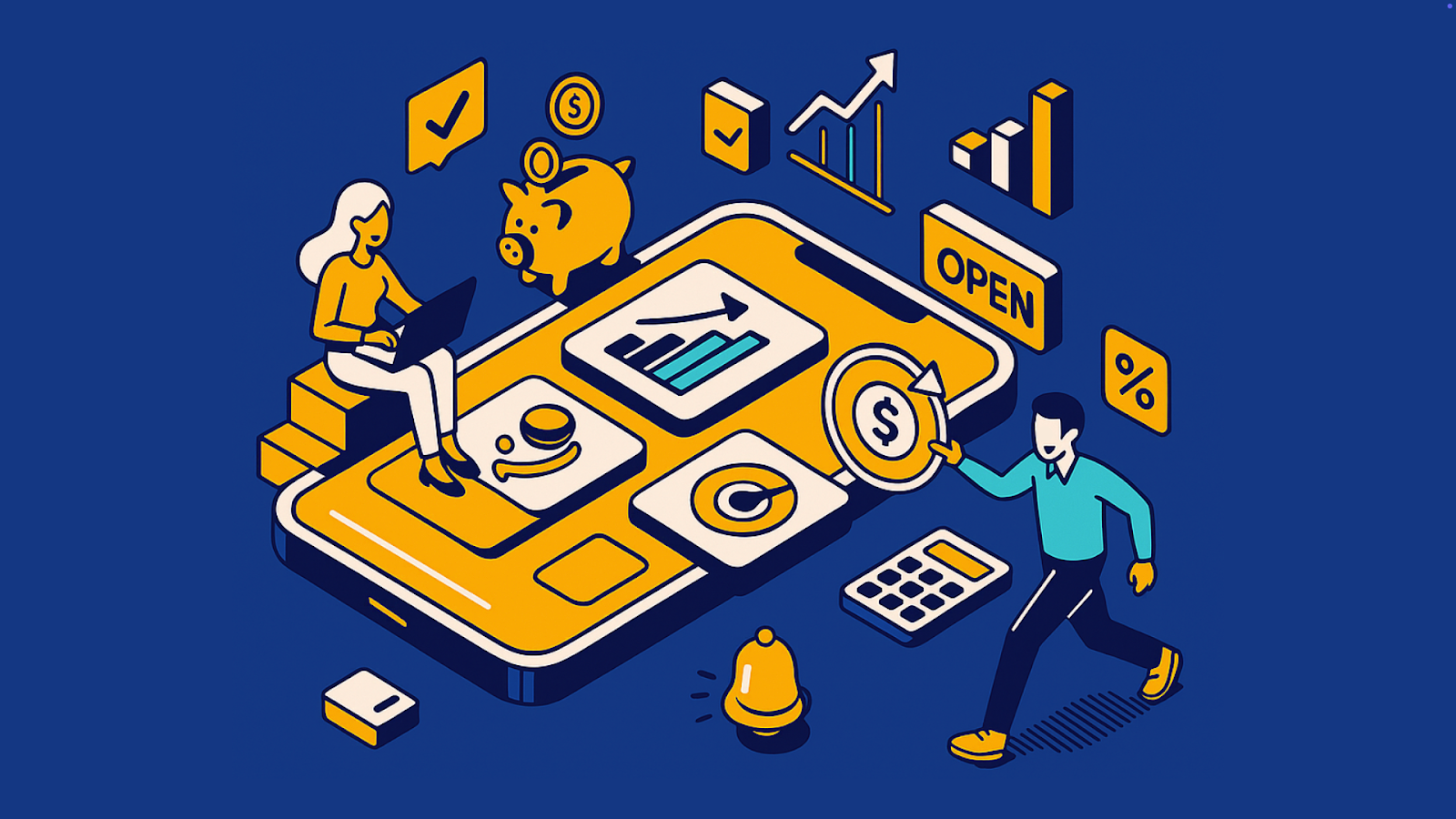 Users engaging with mobile financial tools and icons representing banking analytics and deposit activity.