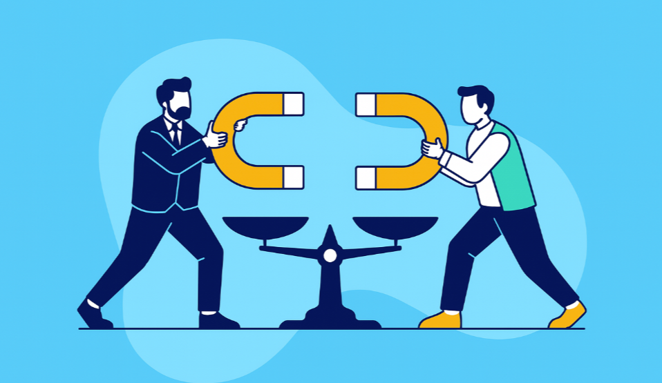 Illustration of two leaders balancing magnets, symbolizing trade-offs in digital banking solutions.