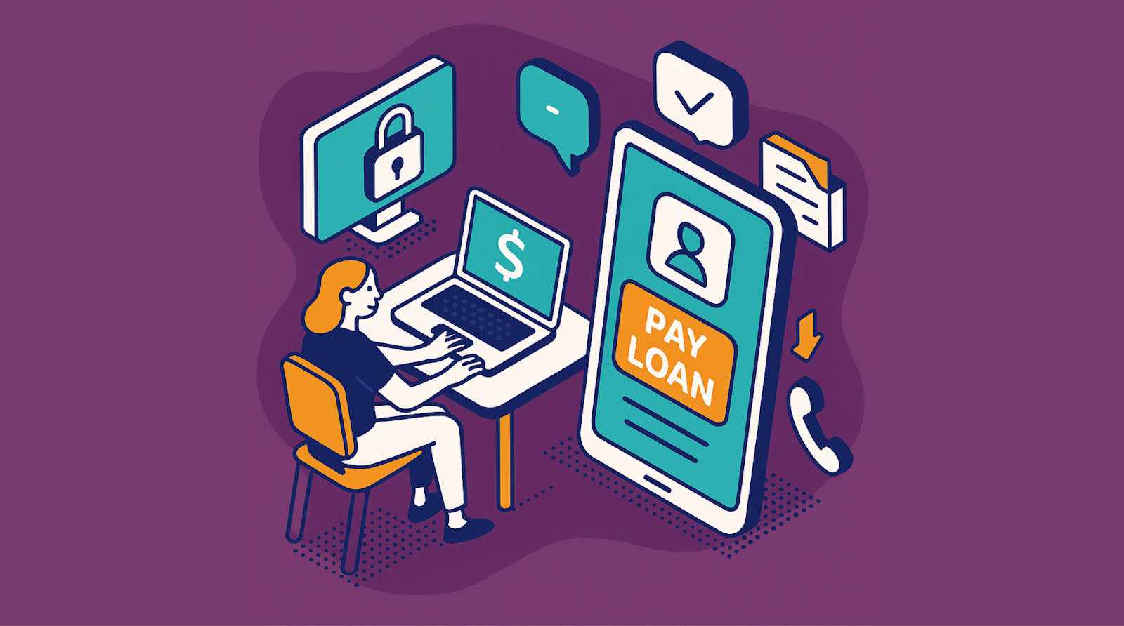 A woman uses digital banking solutions with a variety of loan payment options displayed across her laptop and mobile device.