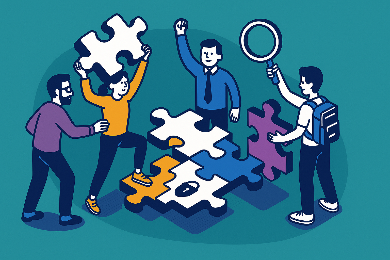 Illustration of a team assembling puzzle pieces to represent collaboration through banking analytics.