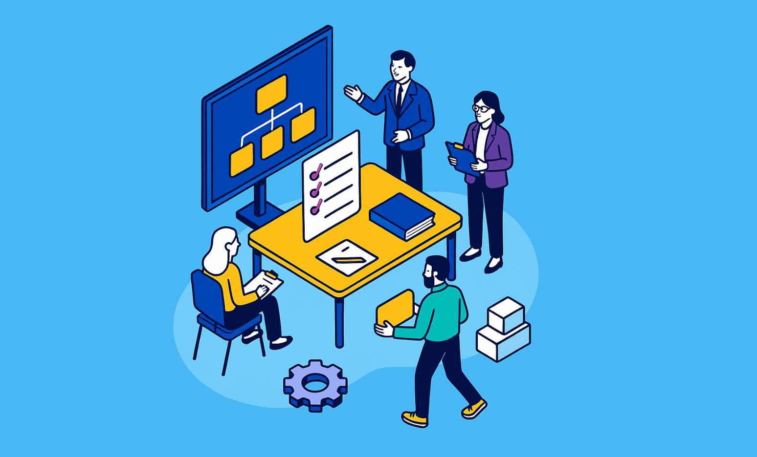 Illustration of a team establishing governance structures to support the implementation of digital banking solutions.