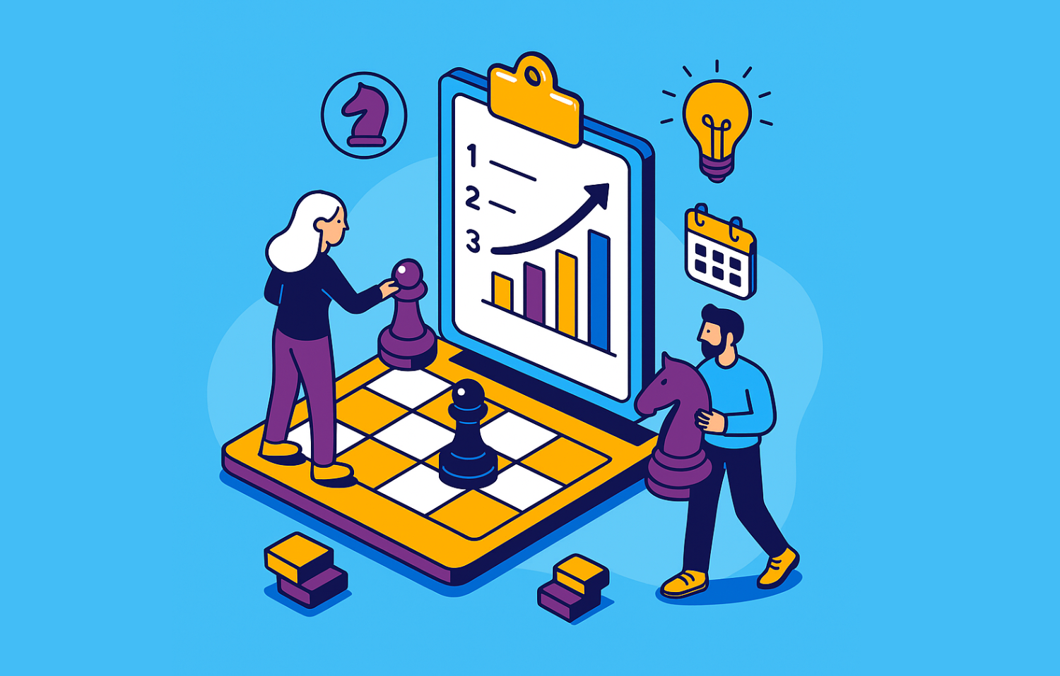 Illustration of two professionals using chess pieces and charts to plan long-term strategy, representing future-ready digital banking solutions.
