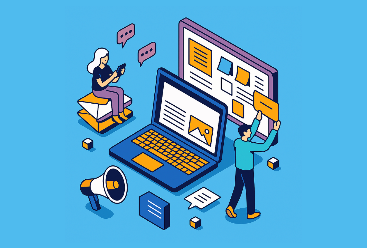Illustration representing internal communication tools and collaboration strategies used during implementation of digital banking solutions.