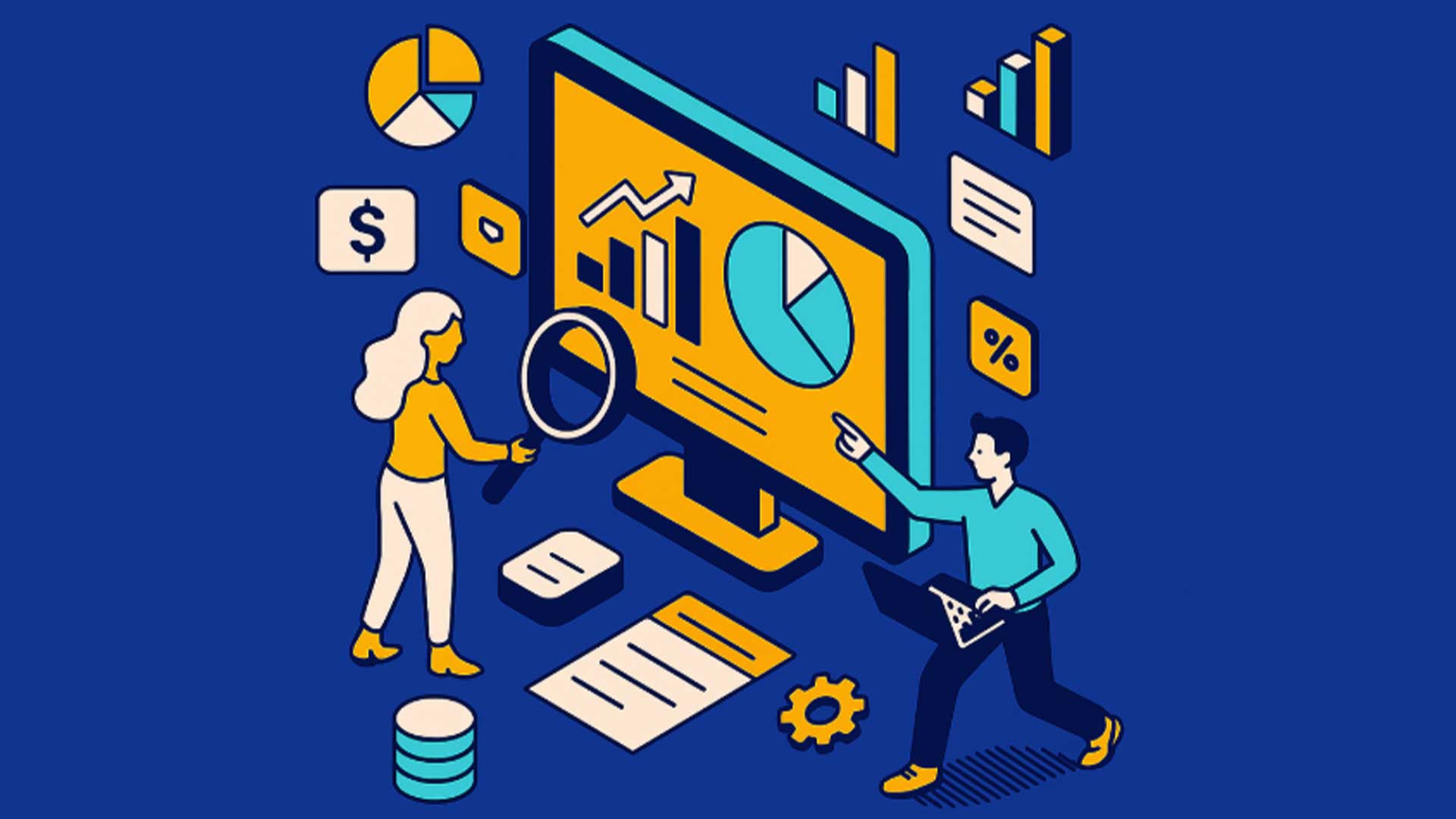 People analyzing charts and graphs on a large computer screen, representing data-driven insights enabled by digital banking solutions.