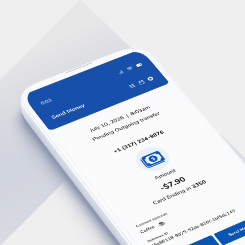 Phone screen displaying a money transfer app with a pending outgoing transfer of $7.90 to card ending 3350.