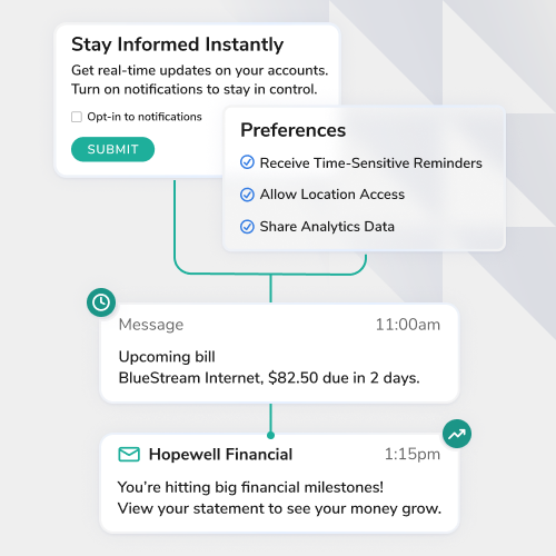 Illustration of a notification center: Stay Informed Instantly modal, Preferences panel, and two message cards about a bill reminder and a financial update.