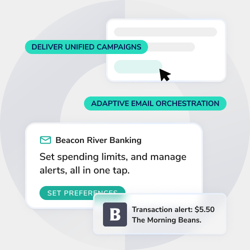 Illustration of a marketing UI with teal badges reading 'Deliver Unified Campaigns' and 'Adaptive Email Orchestration', plus a Beacon River Banking card and a 'Set Preferences' button, and a small transaction alert bubble with '$5.50'.