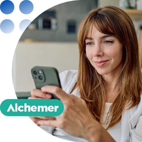 Smiling woman in a white shirt looking at her smartphone, with the Alchemer logo overlay.