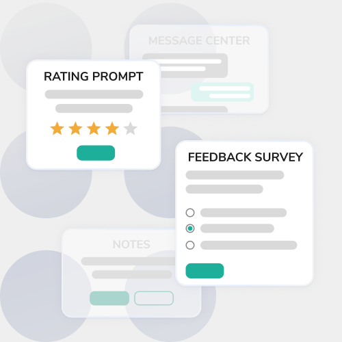 UI illustration of feedback prompts: a rating card with five stars and a feedback survey form with radio options on a soft background