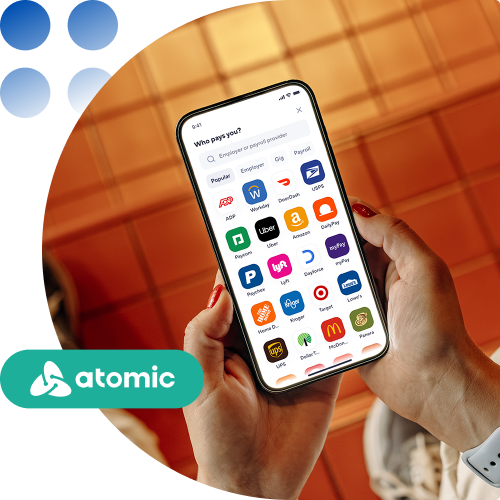 Person holding a smartphone showing a grid of payment app icons on screen, Atomic branding on the lower left logo area.