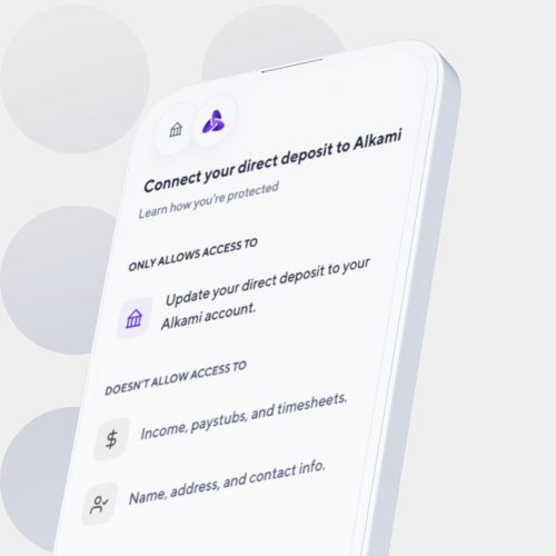 Tilted smartphone showing a banking app screen about connecting direct deposit to an Alkami account, listing allowed and not-allowed data access