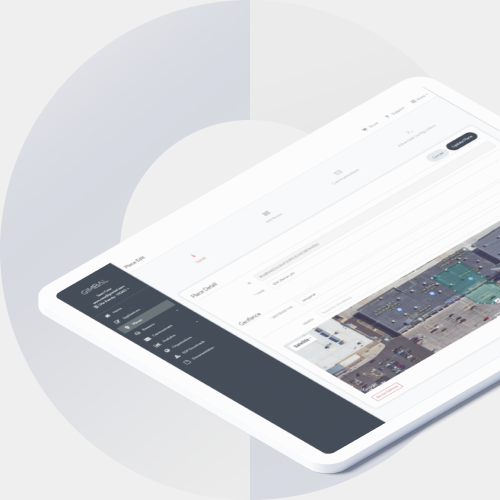Tablet displaying a project dashboard with a sidebar menu and a map view thumbnail (tilted angle).