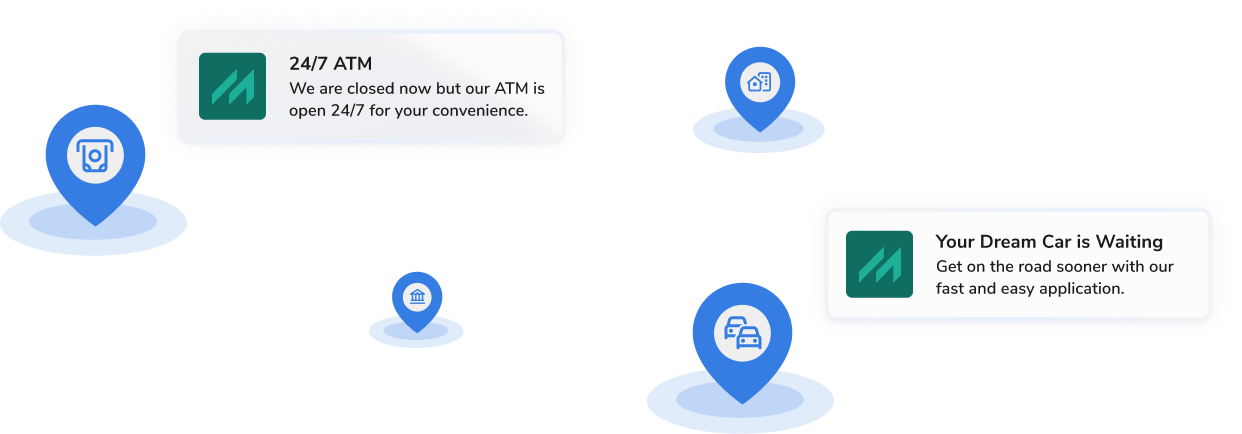 Notifications and icons from a banking app: 24/7 ATM is open for convenience (text bubble with teal logo).