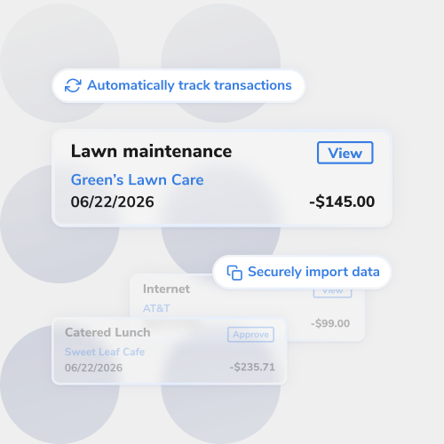 Expense card: Lawn maintenance from Green’s Lawn Care, 06/22/2026, −$145.00, with a 'View' button; prompts read 'Automatically track transactions' and 'Securely import data'.
