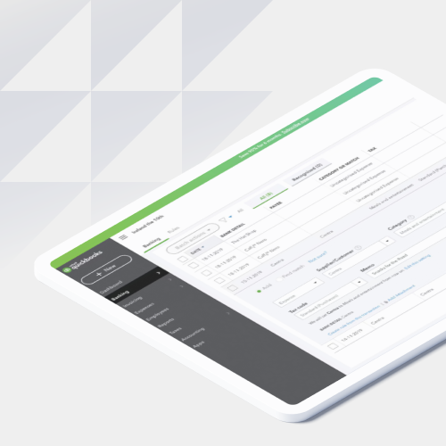 Tablet displaying a dashboard app with a dark left navigation panel and a white data table on the right, on a tilted screen.