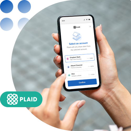Hand holding a smartphone showing a Plaid account picker with banks like Gingham Bank, Alkami Financial, and Mint, and a blue Confirm button; Plaid logo overlayed in the corner.