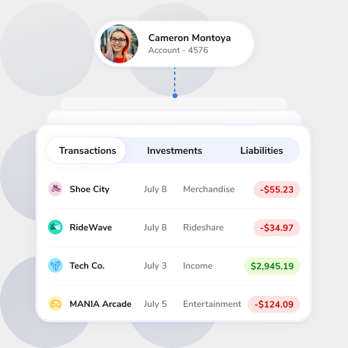 Profile bubble for Cameron Montoya; financial panel showing Transactions, Investments, Liabilities tabs with four recent accounts and amounts (green income, red expenses)