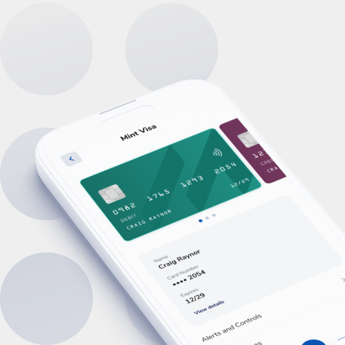 Smartphone screen displaying a digital wallet with a Mint Visa card and user account details beneath it.