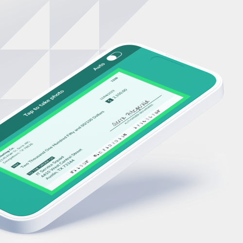 Tilted smartphone screen showing a green app UI with a 'Tap to take photo' prompt and a white data card on screen