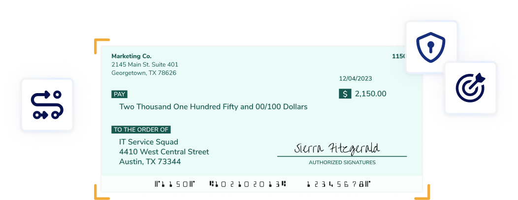 Blue-green business check from Marketing Co. dated 12/04/2023, payable to IT Service Squad for $2,150, with signature line at bottom right and address details on left.