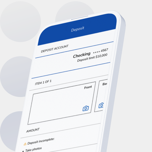 Smartphone screen showing a banking app's Deposit page with a Checking account, deposit limit $10,000, and an image area for item photos.