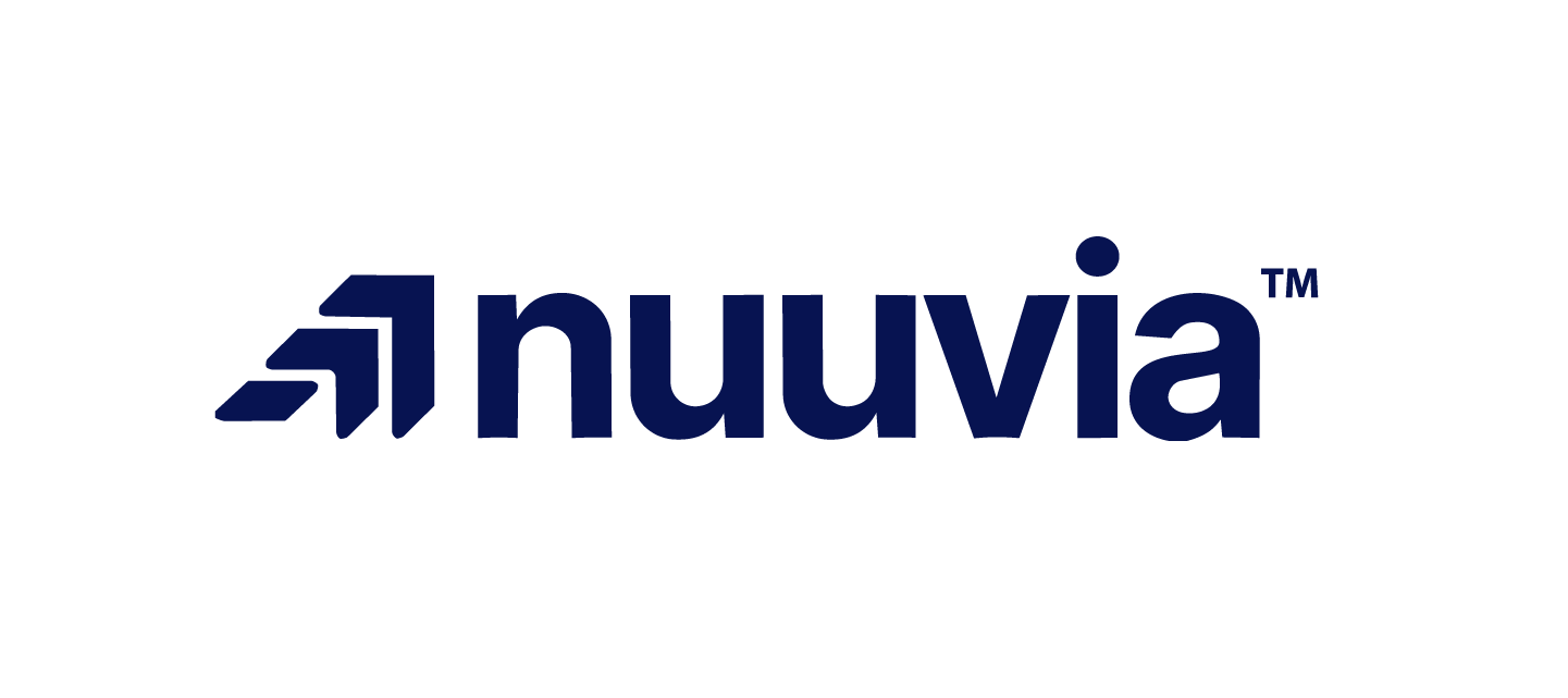 Nuuvia logo: navy blue wordmark with an abstract geometric mark on the left side (trademark).