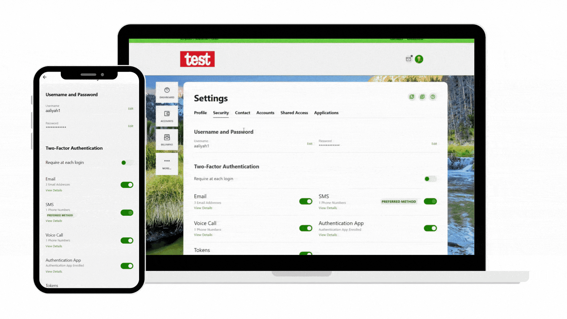 A side-by-side view of a desktop and smartphone showing unified banking security settings and mobile parity on the Alkami Digital Banking Platform for financial institutions. 