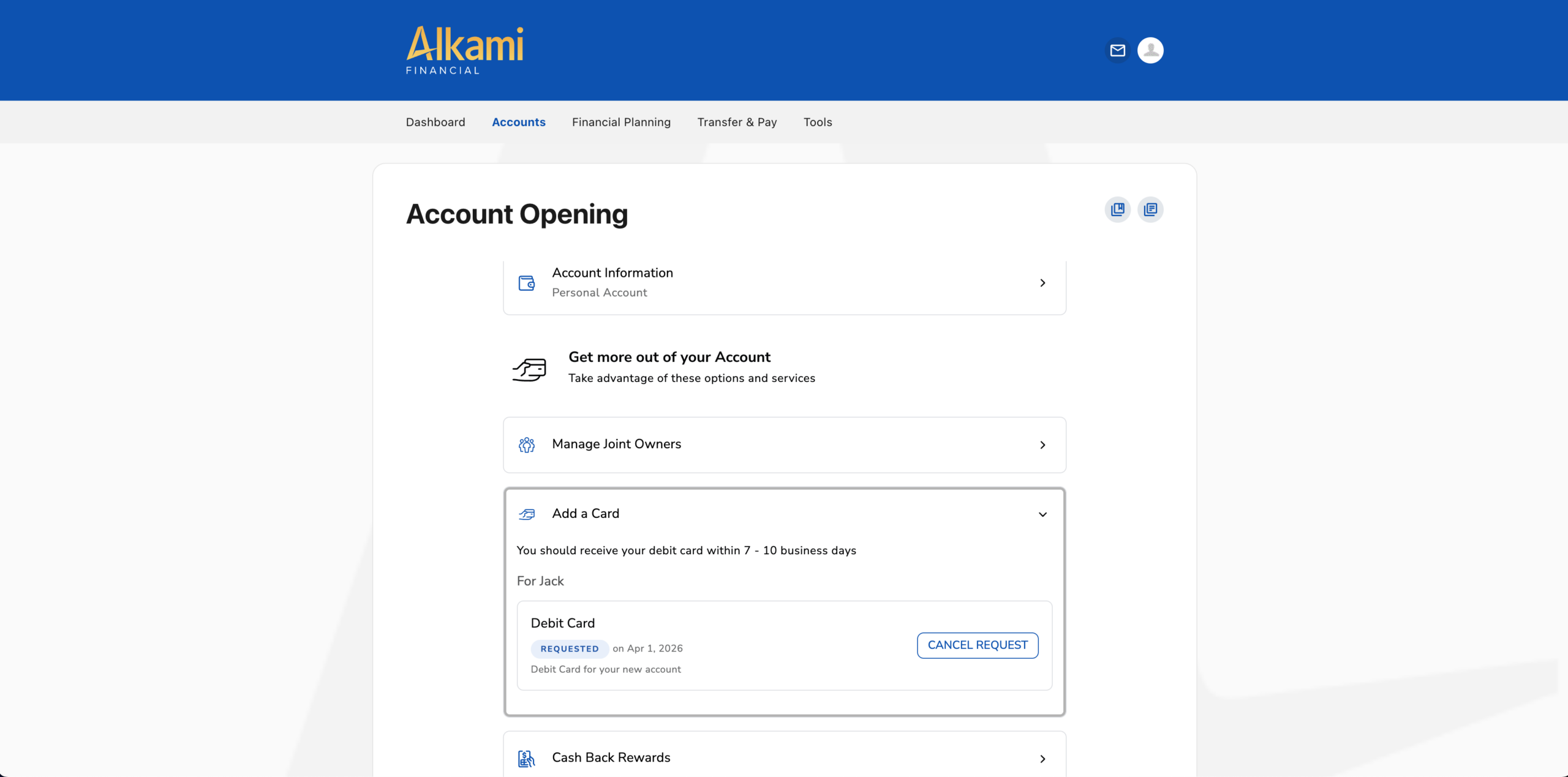 Account holder opens a secondary savings account seamlessly within digital banking. 