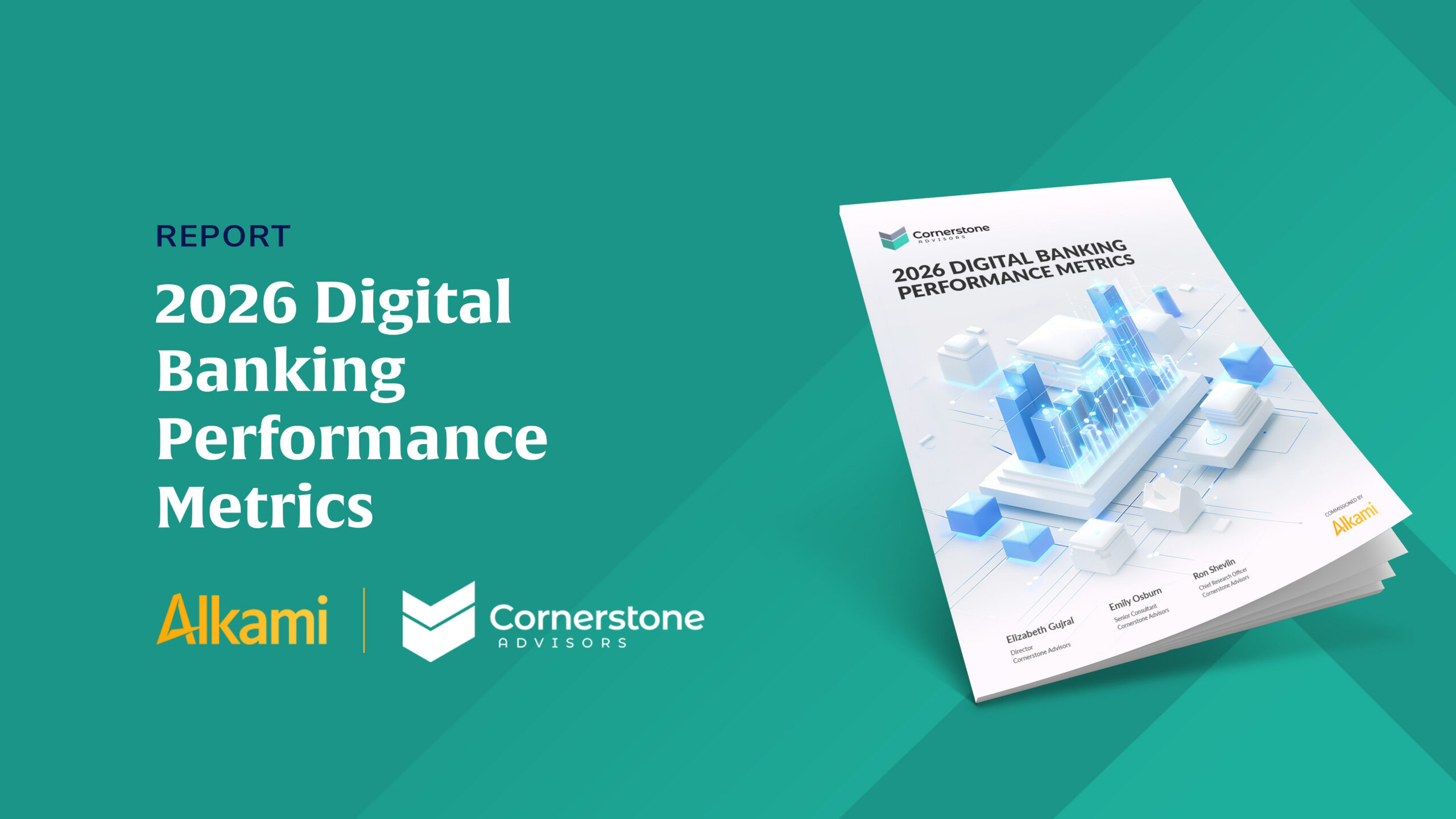 Report cover: '2026 Digital Banking Performance Metrics' with Cornerstone Advisors and Alkami logos on teal background.