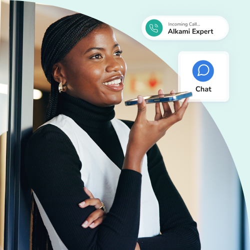 Smiling woman on a call, holding a smartphone near her mouth, with ‘Incoming Call: Alkami Expert’ and a ‘Chat’ badge nearby.