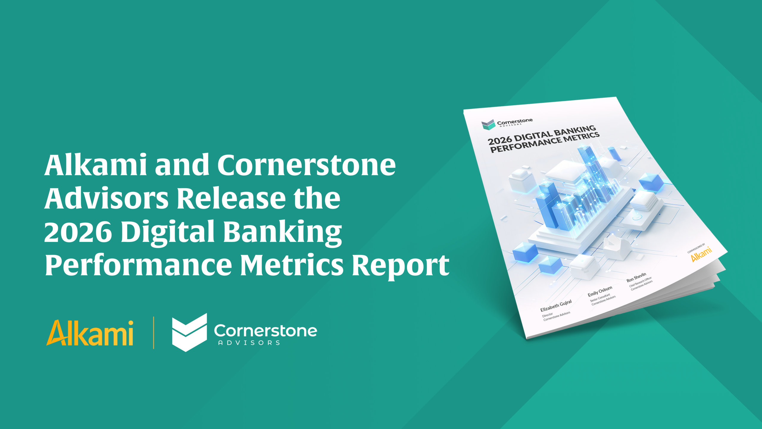 Teal banner announcing Alkami and Cornerstone Advisors' 2026 Digital Banking Performance Metrics Report with a tilted report cover on the right side, featuring blue graphics and logos.