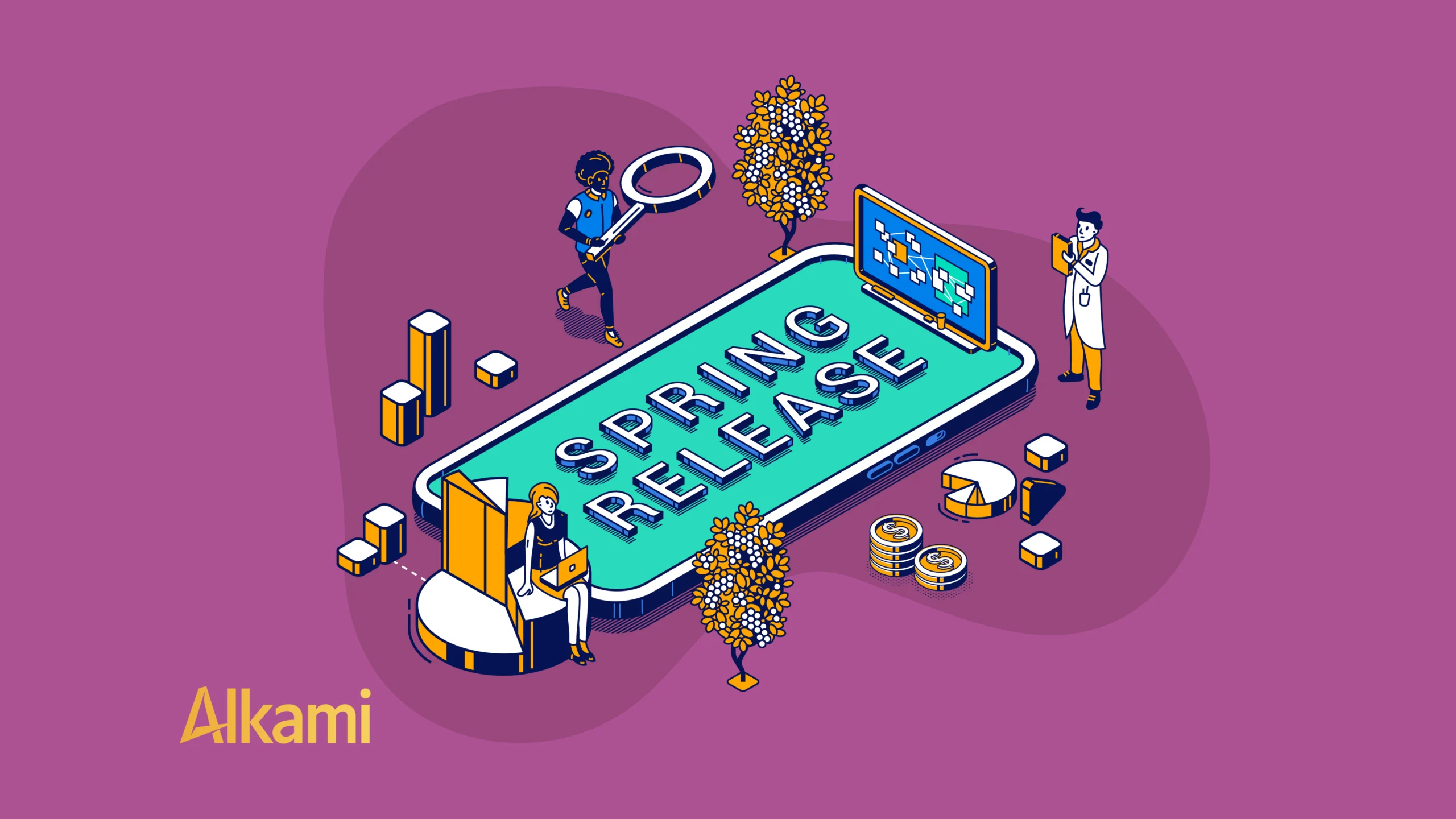Large illustrated phone screen reads 'SPRING RELEASE' as people analyze data and magnify details on a purple background (Alkami branding).