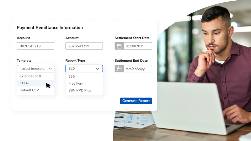 Screen capture of a payment remittance form on the left, with account and date fields, and a man using a laptop on the right.
