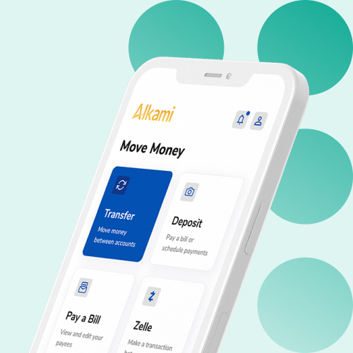 Smartphone screen showing Alkami Move Money app with tiles for Transfer, Deposit, Pay a Bill, and Zelle.