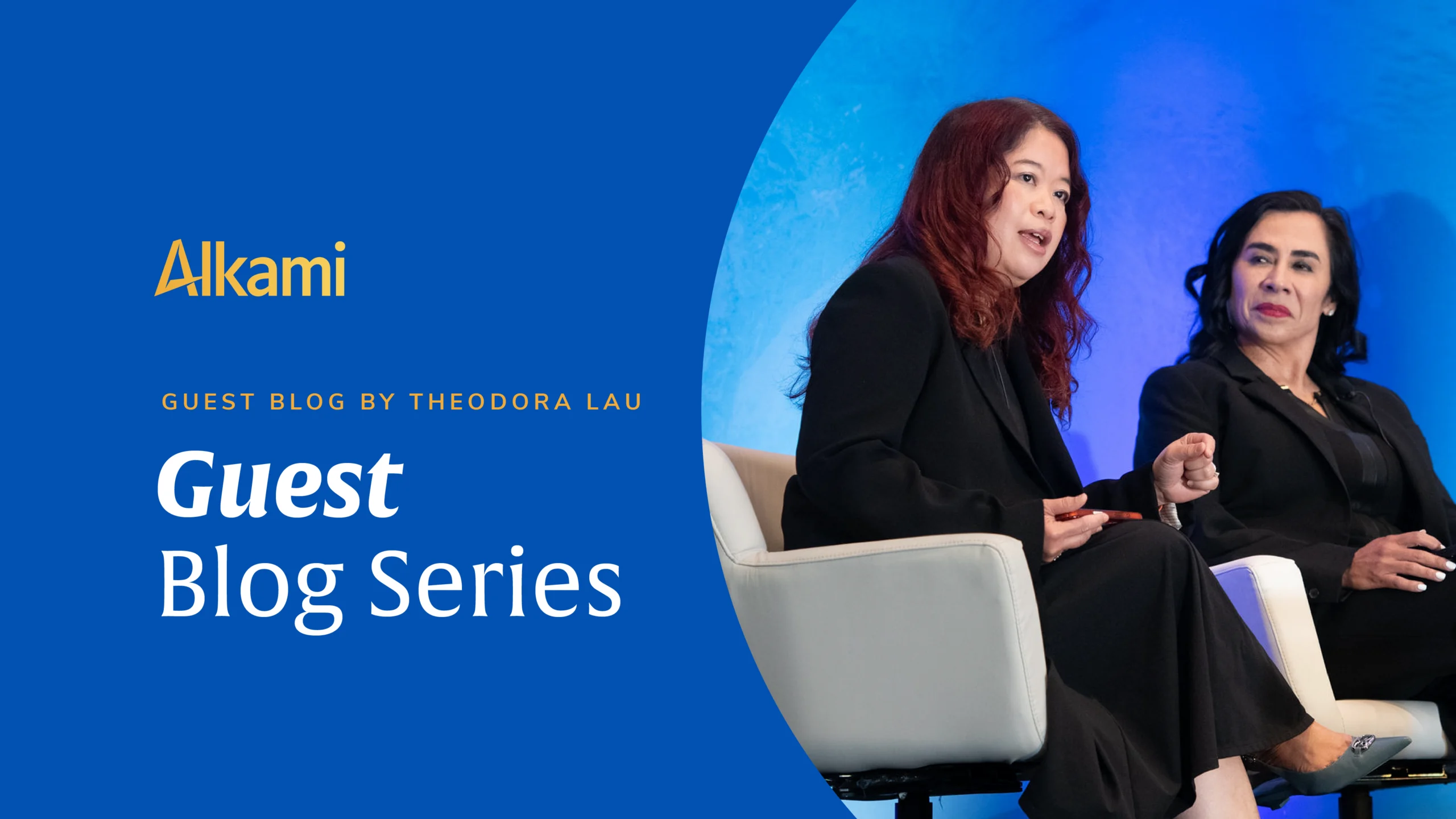 Blue banner with Alkami logo and 'Guest Blog Series' text; two women in black outfits seated on a stage on the right.