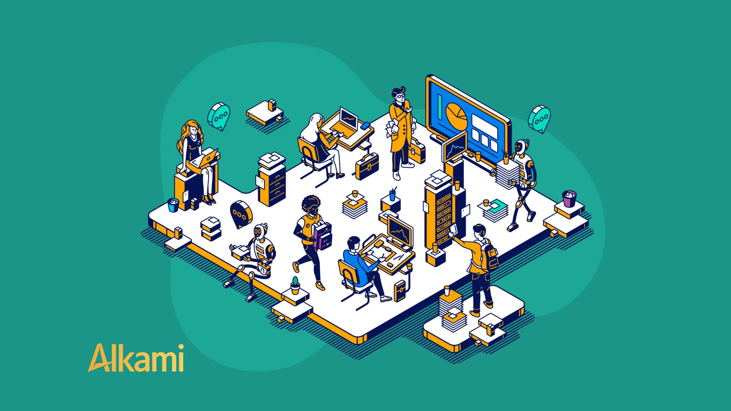 Isometric illustration of a collaborative tech workspace with people at desks, servers, and a large display on a teal background with Alkami branding.