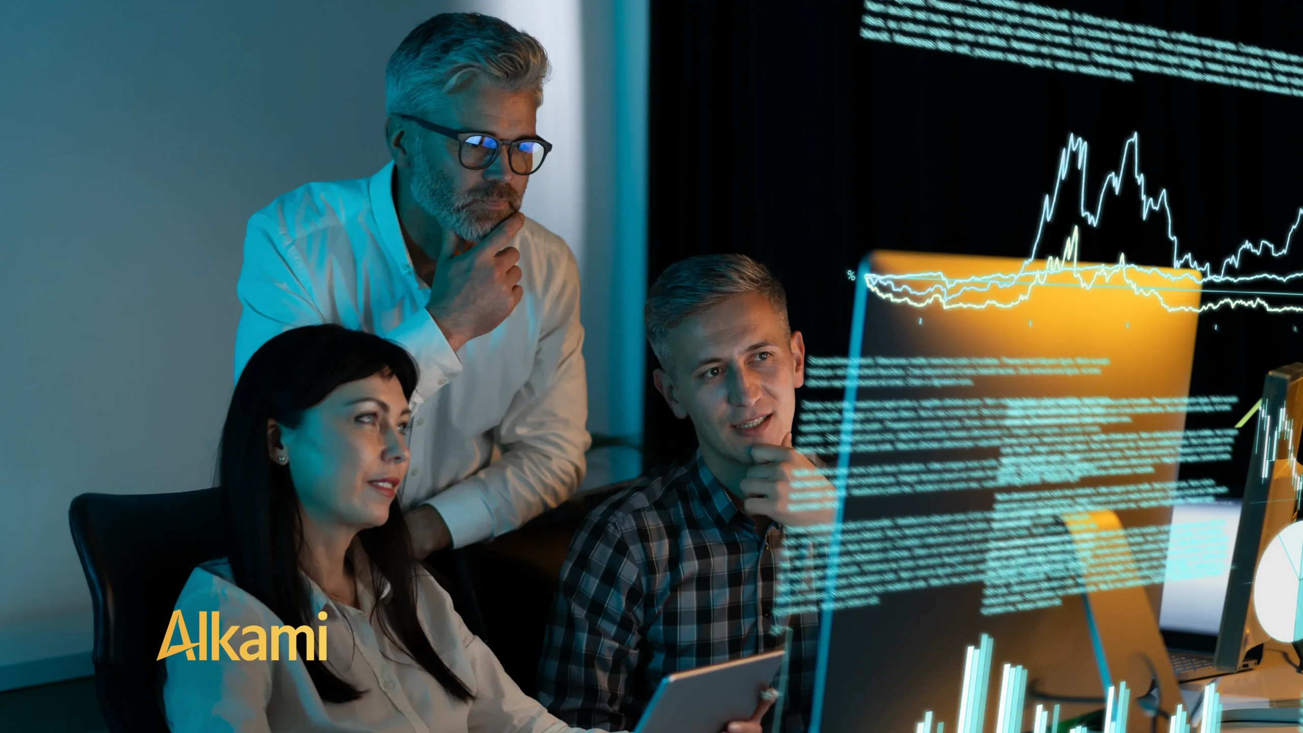 Group of professionals analyze data on holographic screens in a dark control room; charts glow in blue and orange tones.